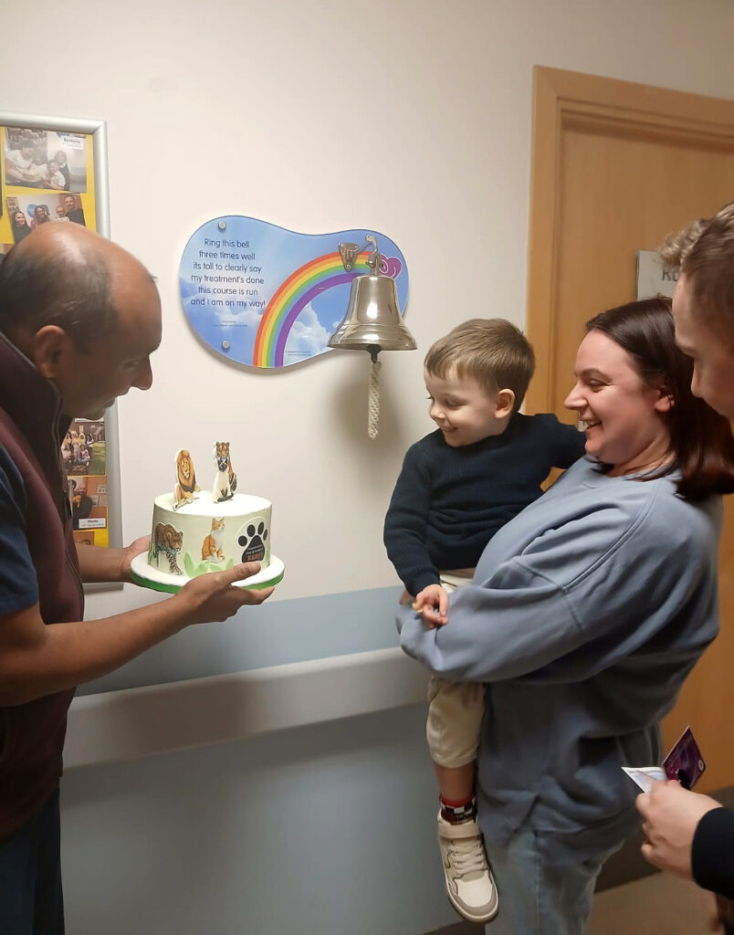 Reese receives a celebratory cake at the end of his treatment.