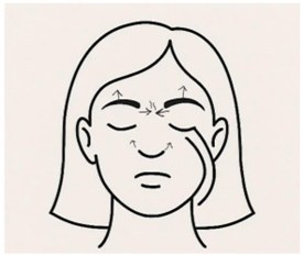 A drawing of a woman furrowing her brow and inhaling through her nose.