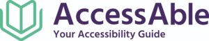 AcessAble logo. The logo is a green cartoon book and the words 'AccessAble' in large purple font and below that, 'Your Accessibility Guide' in smaller purple font.