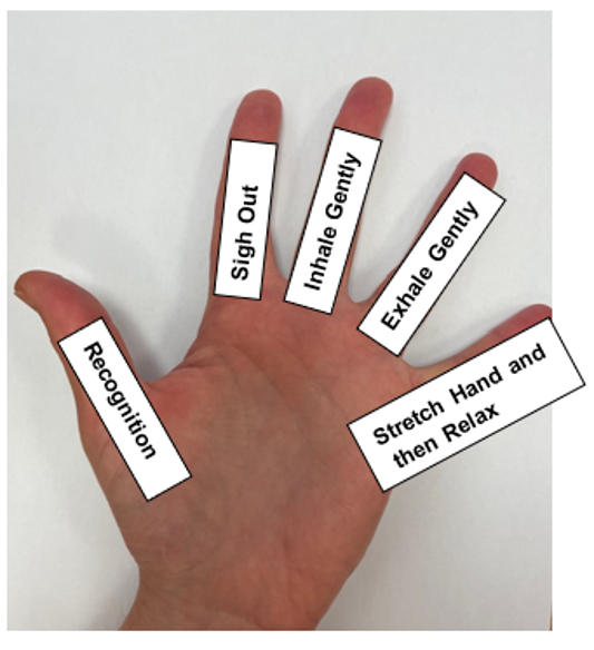 A photograph of a person's hand with words placed on each finger and thumb 