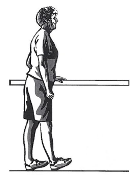 Picture of a person standing sideways next to a table, holding onto the surface with one hand whilst walking using heels