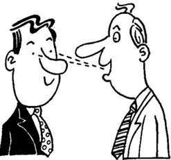 A drawing of two persons side by side, one person is looking the other persons eyes when speaking