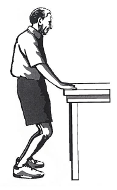 Picture of a person standing next to a table, holding onto the surface with both hands whilst bending both knees downwards