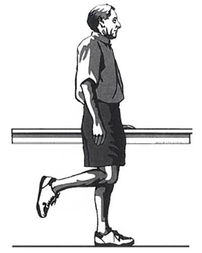 Picture of a person standing sideways next to a table, holding onto the surface with one hand whilst lifting one leg backwards