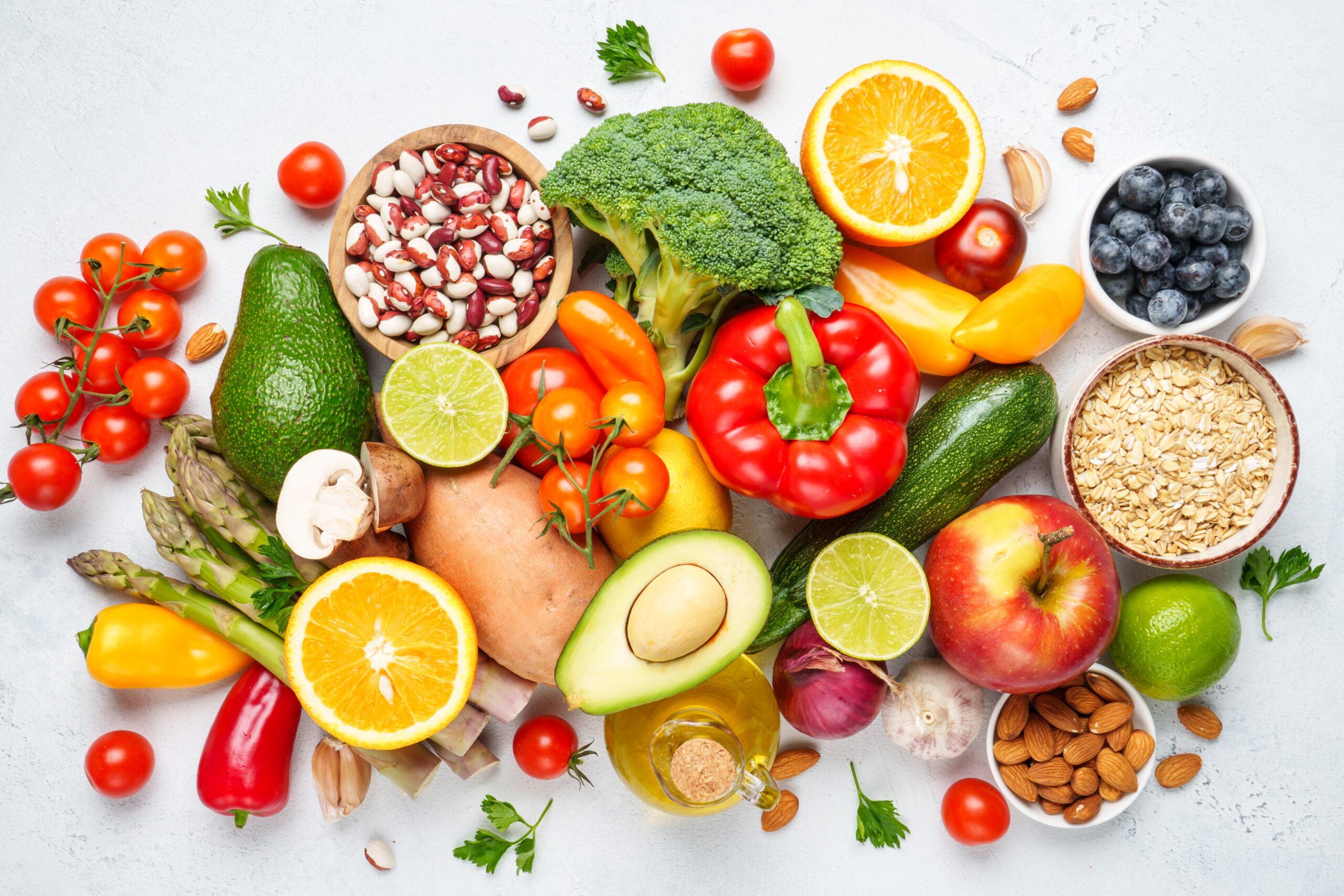 Food products representing a healthy diet.