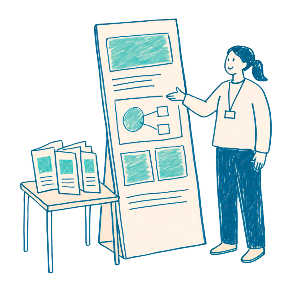 Image: Graphic showing person with a lanyard infront of presentation materials. 