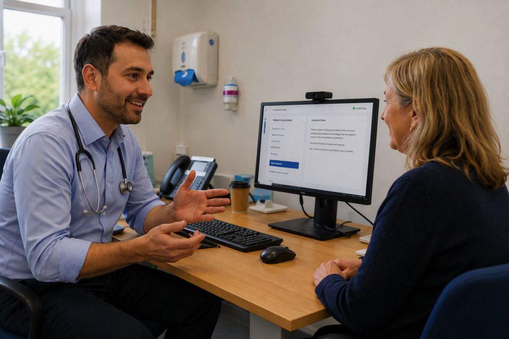 A clinician sits at a desk in a consultation room speaking with a patient seated opposite. A computer monitor between them displays an AI-powered clinical documentation system that captures consultation notes. Medical equipment, a telephone and a keyboard are visible on the desk. The image illustrates the use of artificial intelligence to support patient consultations and clinical record-keeping.